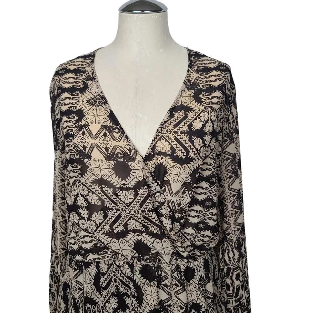 WAYF V Neck Long Sleeve Mini Printed Dress M